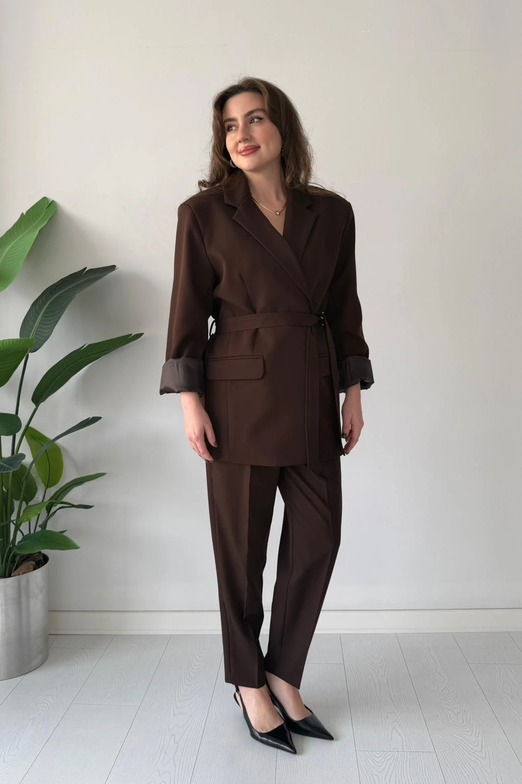 Oversize Kemerli Takım Elbise - Kahve