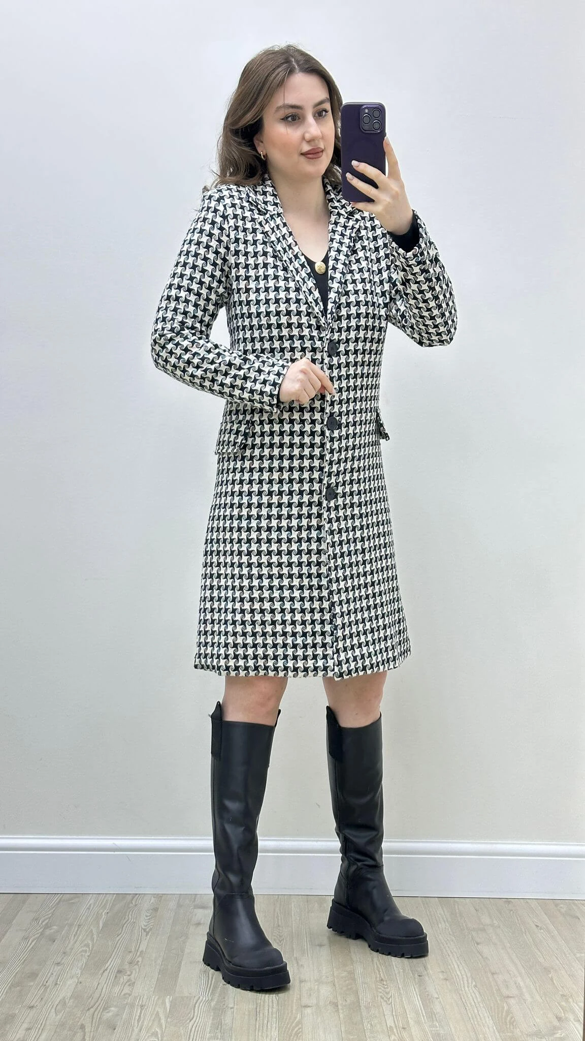 Midi Kaşe Kaban Kazayağı Beyaz