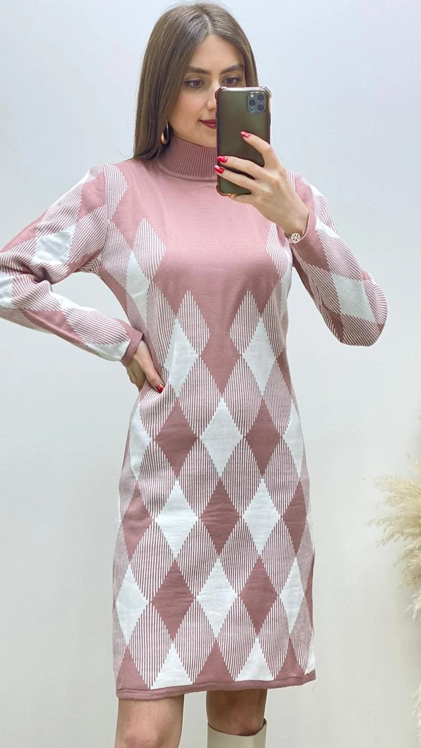 Ekoseli Triko Elbise Pudra