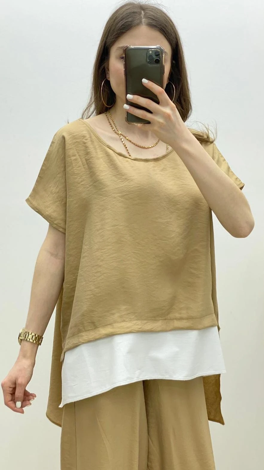 Beyaz Şeritli İkili Takım - Bej