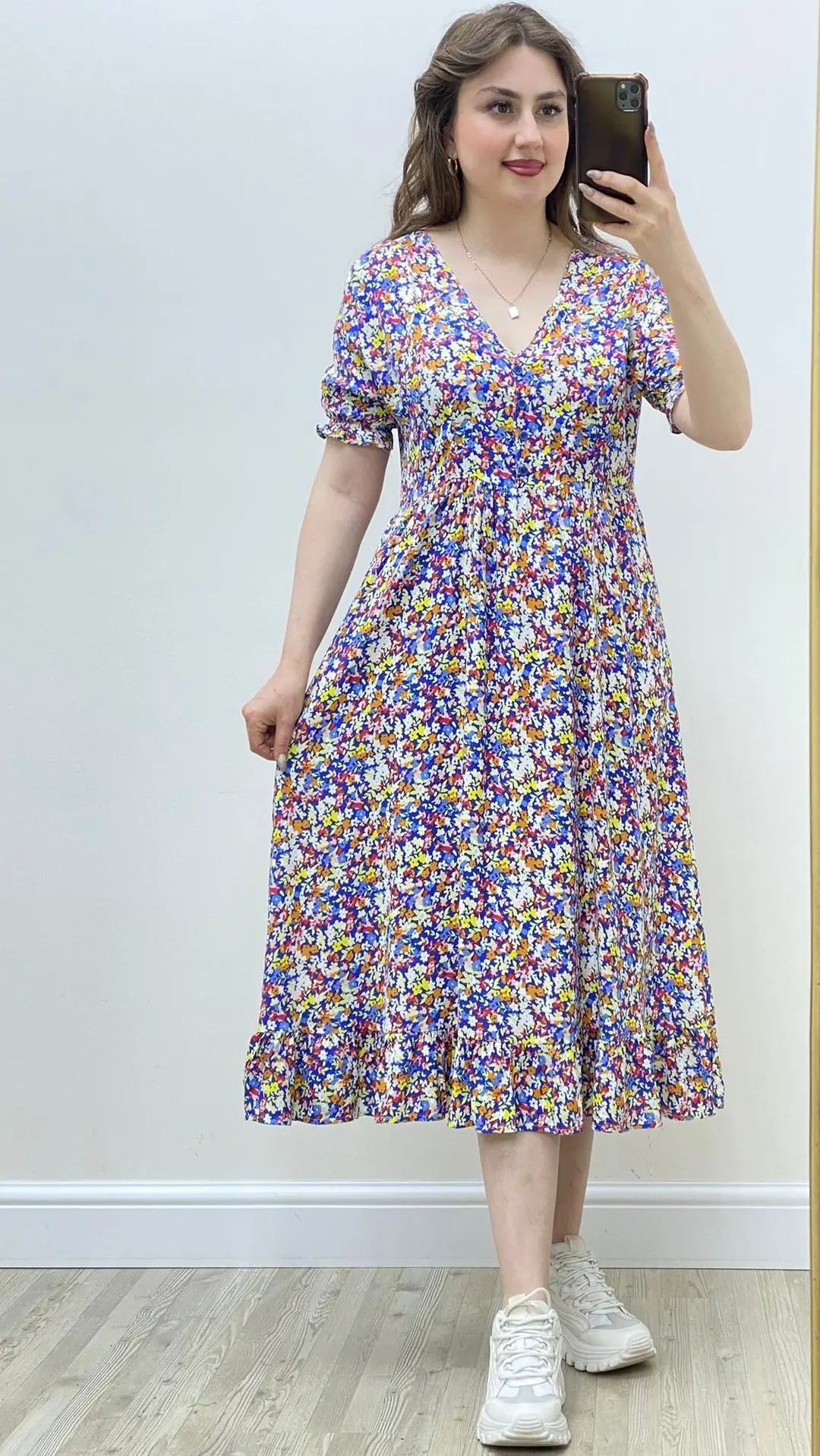 4 Düğmeli Floral Viskon Elbise Mavi