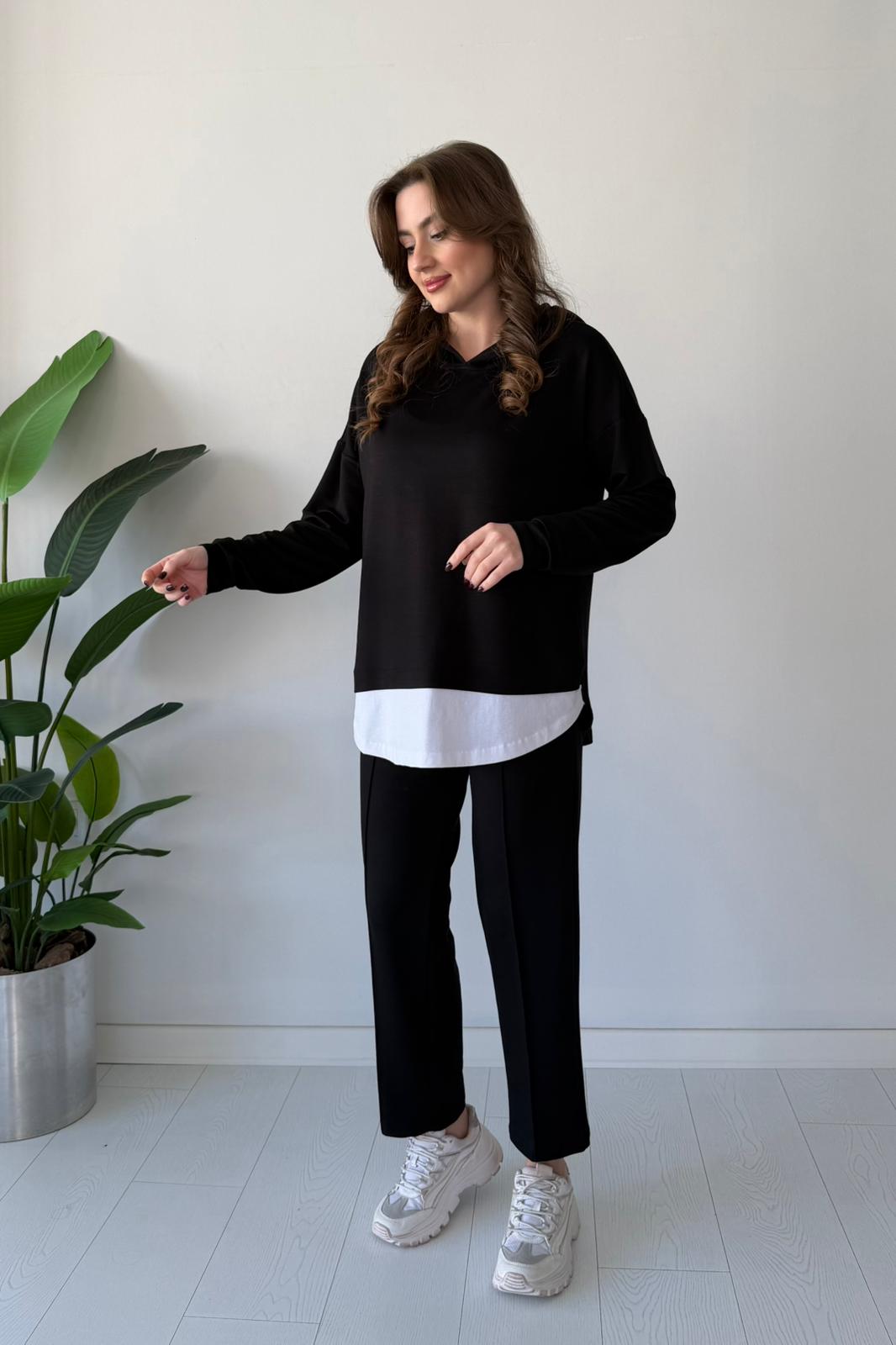 Kapşonlu Tshirt Detay İkili Takım - SİYAH