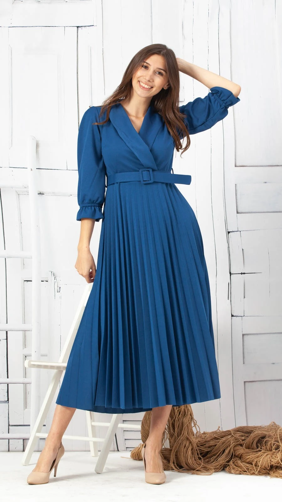 Kruvaze Piliseli Elbise - Lacivert