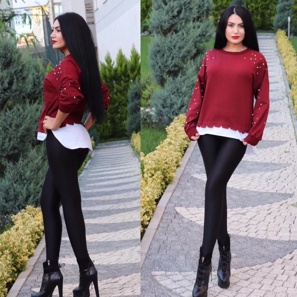 Gömlek Detay İncili Sweatshirt Bordo