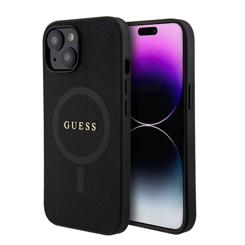 Apple iPhone 15 Kılıf Guess Orjinal Lisanslı M-safe Şarj Özellikli Yazı Logolu Saffiano Kapak