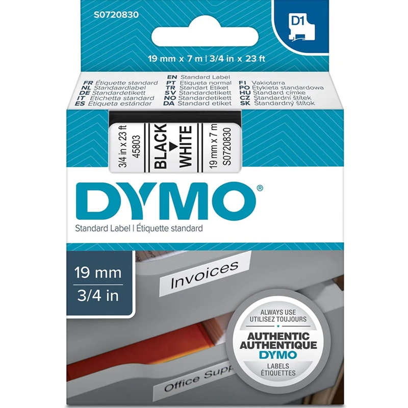 DYMO S0720830 D1 Yedek Şerit, 19 mm x 7 mt, Beyaz- Siyah (45803)