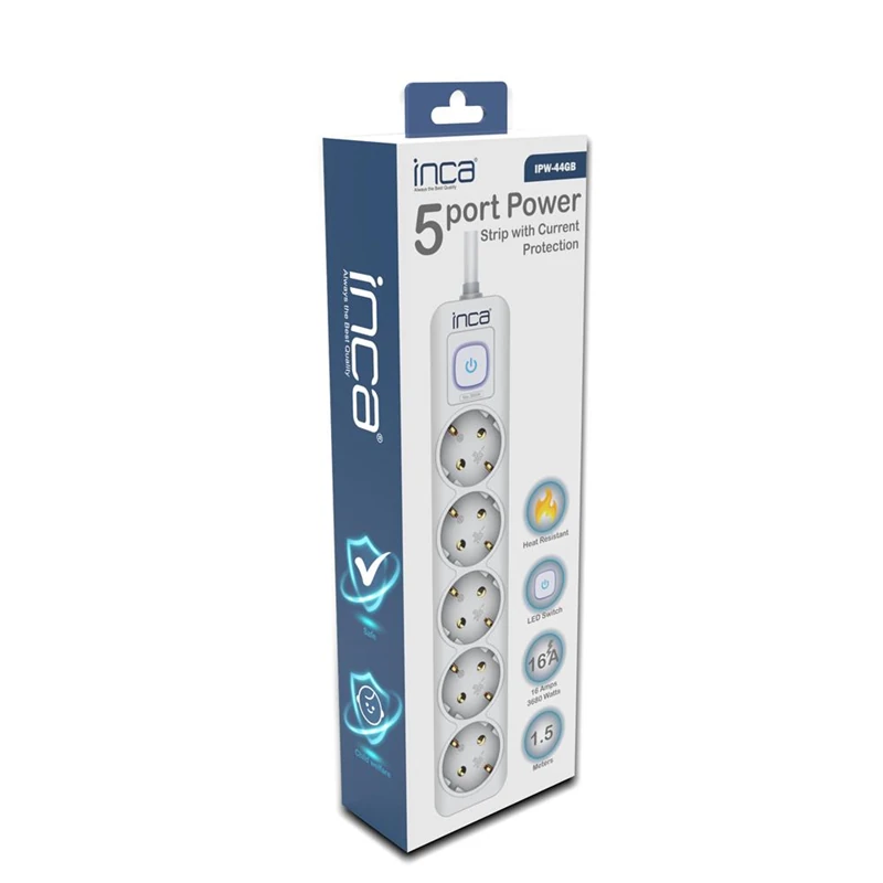 INCA IPW-44SY 5li Akım Korumalı Led Tuşlu Priz 1,5M Siyah