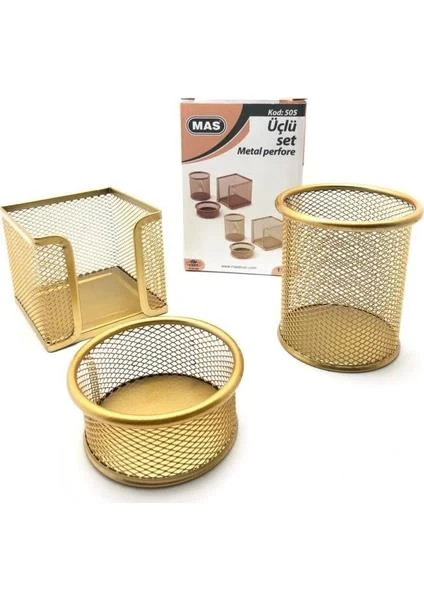 Mas Masa Seti Ataşlık-Kağıtlık-Kalemlik 3 LÜ Metal Perforeli Gold 505