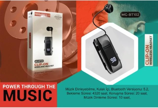 Megatech MG-BT102 Clıp-On Makaralı Digital Göstergeli Bluetooth Kablosuz Kulaklık
