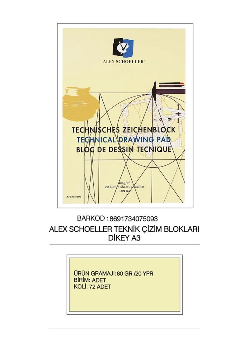 Alex Teknik Çizim Bloğu 80Gr A3 20 Ypr. Dikey 093