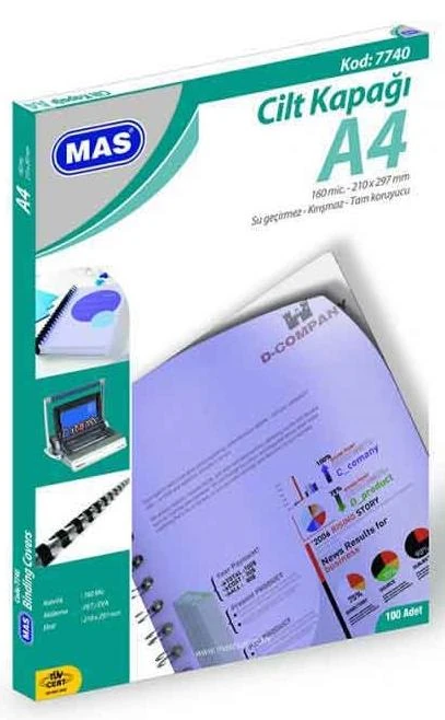 Mas Cilt Kapağı A4 160M Pvc 100 Şeffaf 100Lü 7740