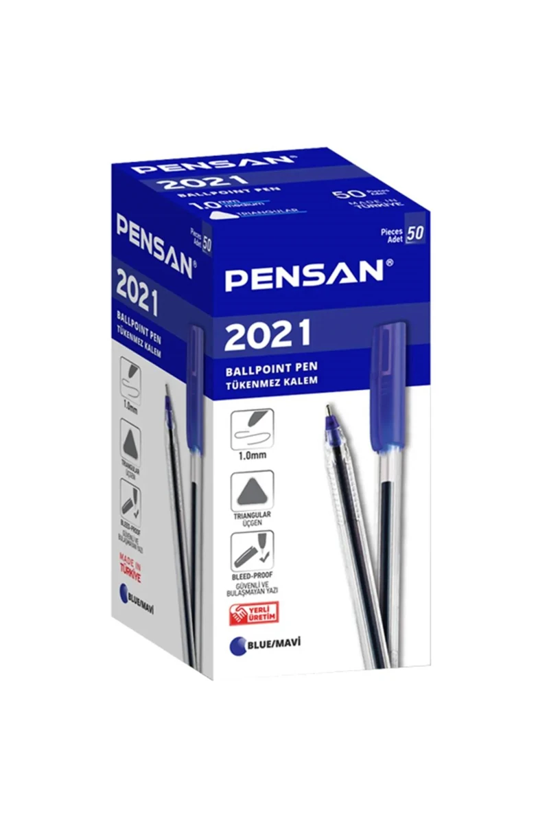 Pensan 02021 Şeffaf Üçgen Tükenmez Kalem Mavi 50Li