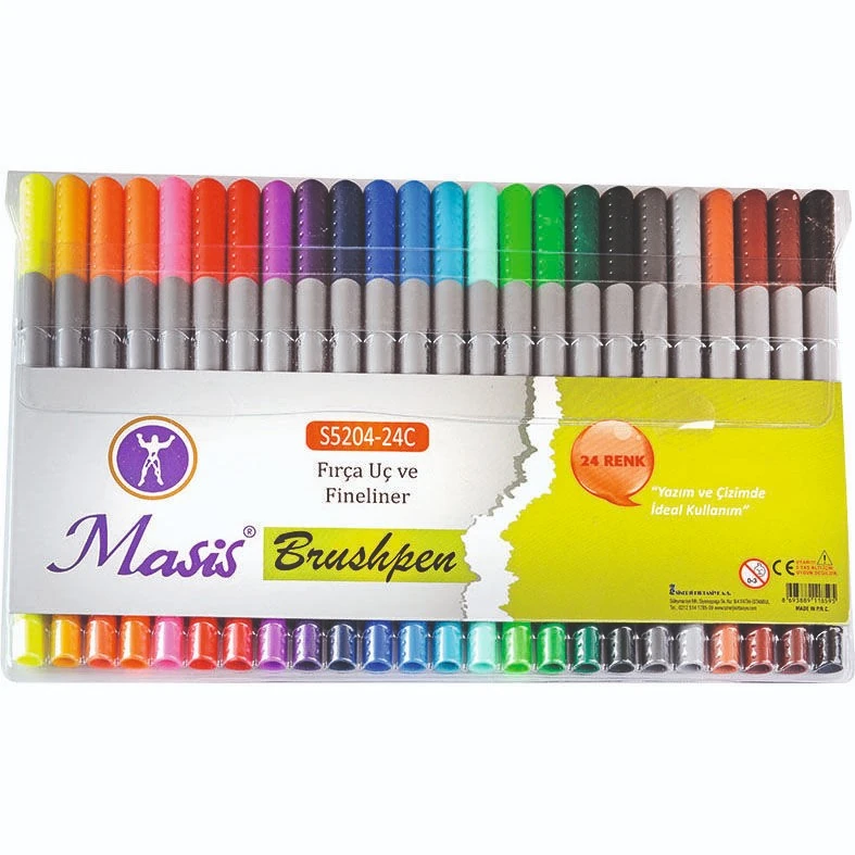Masis Brushpen Çift Uçlu Fırça Uç + Fineliner Kalem 24 Renk