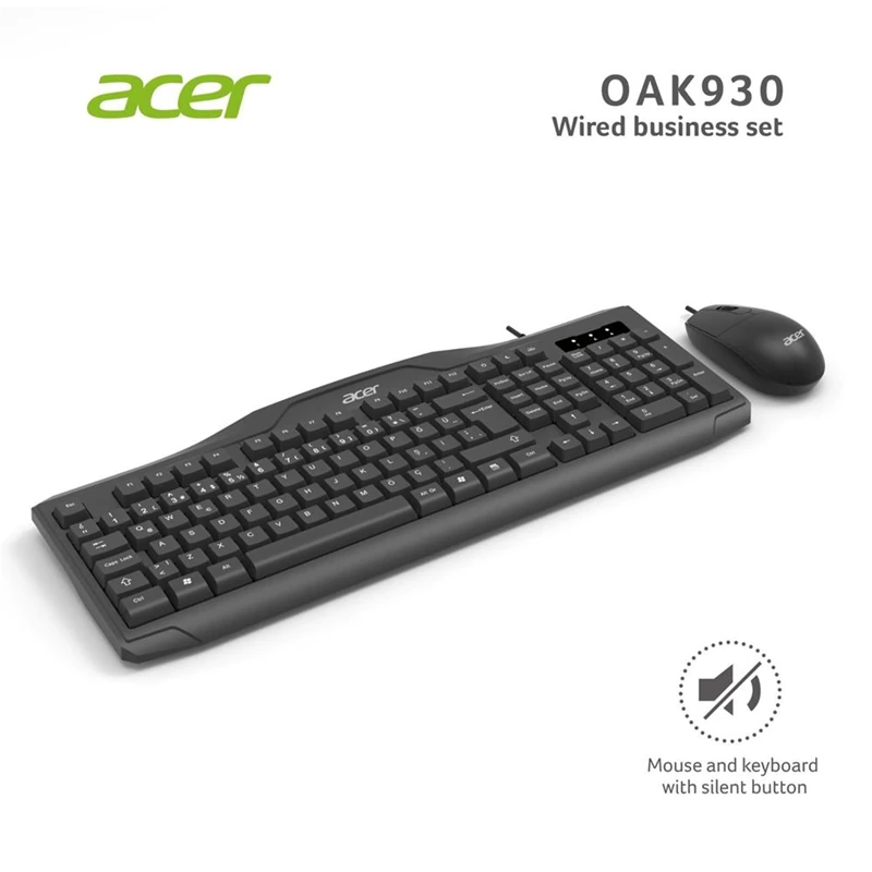 Acer OAK-930 Kablolu Sessiz Tuşlu Klavye Moue Set Siyah (Klavye 1,40Cm-Mouse 1.60Cm Kablo)