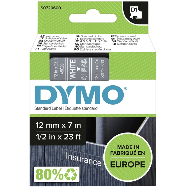 Dymo Şerit D1 12Mm X 7Mt Şeffaf/Beyaz 720600 45020