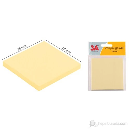 3A Yapışkanlı Kağıt 75x75 mm Pastel Sarı 100 Yaprak