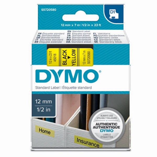 Dymo S0720580 D1 Yedek Şerit,12 Mm X 7 Mt, Sarı/Siyah(45018)
