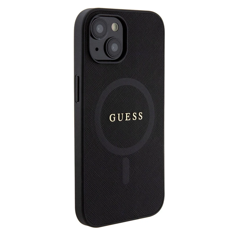 Apple iPhone 15 Kılıf Guess Orjinal Lisanslı M-safe Şarj Özellikli Yazı Logolu Saffiano Kapak