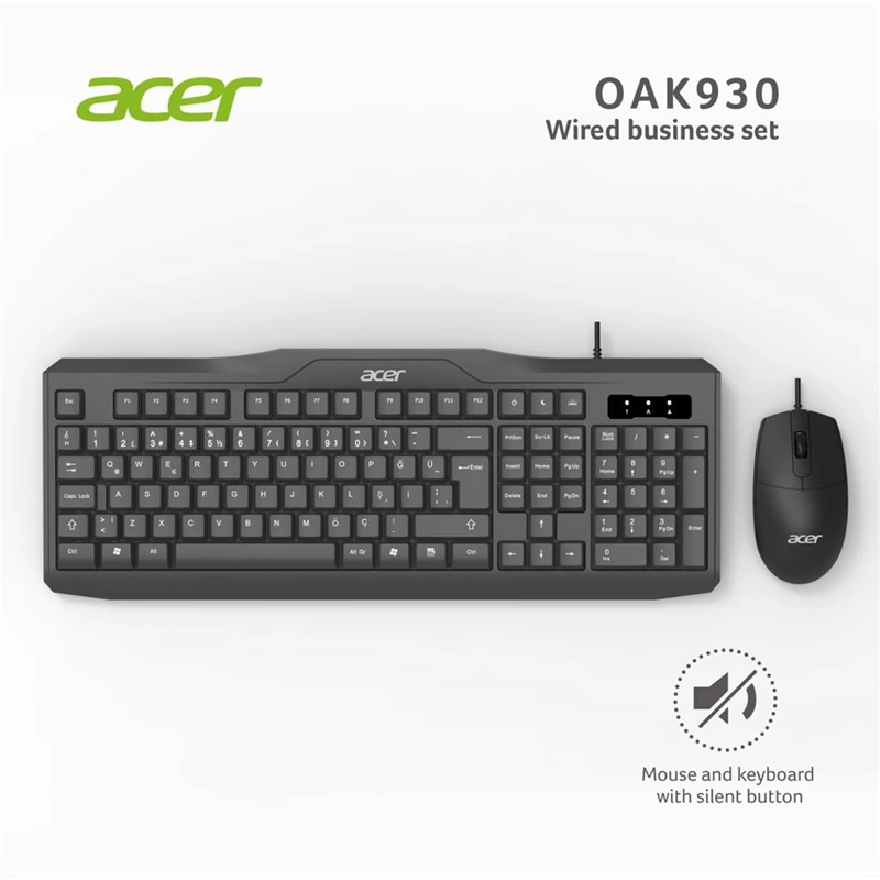 Acer OAK-930 Kablolu Sessiz Tuşlu Klavye Moue Set Siyah (Klavye 1,40Cm-Mouse 1.60Cm Kablo)
