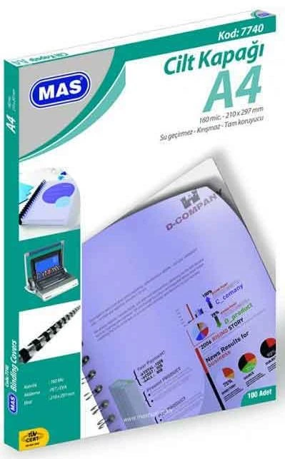 Mas Cilt Kapağı A4 160M Pvc 100 Şeffaf 100Lü 7740