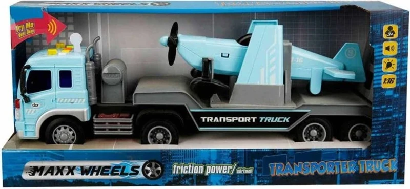 Maxx Wheels 1:16 Sesli ve Işıklı Transporter Tır 40 cm 23150 Turkuaz Uçak