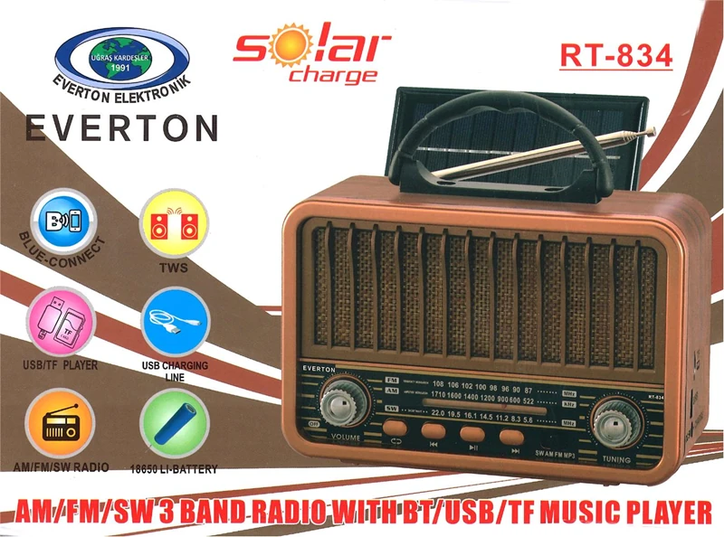 Everton Rt-849 Bluetooth Fm-Usb-Tf-Aux Şarjlı Nostaljik Radyo Güneş Panelli