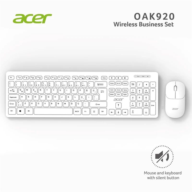 Acer OAK-920 Beyaz Kablosuz Sessiz Tuşlu 2.4Ghz Klavye Moue Set Beyaz (Mouse 1200Dpı)