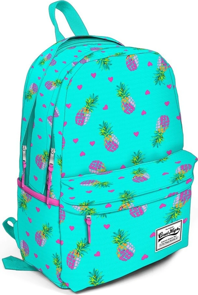 Coral High Üç Gözlü Yeşil Ananas Desenli Okul ve Günlük Sırt Çantası 15,6 Inc Laptop Bölmeli