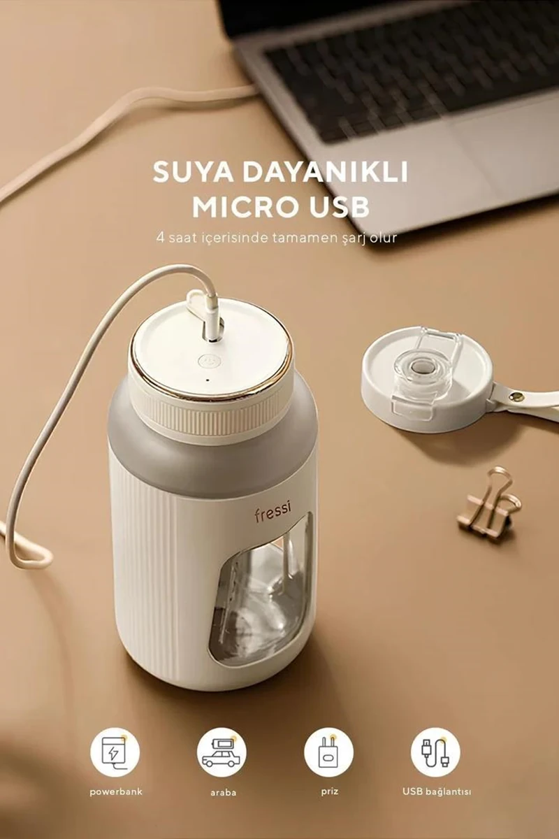 Taşınabilir Şarjlı 80w 600ml Öğütücü Fonksiyonlu Beyaz Kişisel Smoothie Blender FR-BL07