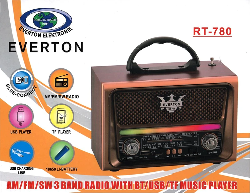 Everton Rt-781 -Usb-Tf-Am-Fm-Sw-Blue-Connect-Tws-Usb Şarj Nostaljik Radyo