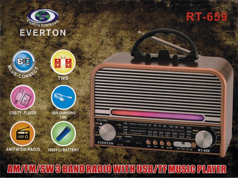 Everton Rt-659 Bluetooth Fm-Usb-Tf-Aux Şarjlı Nostaljik Radyo