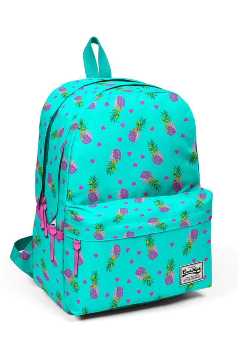 Coral High Üç Gözlü Yeşil Ananas Desenli Okul ve Günlük Sırt Çantası 15,6 Inc Laptop Bölmeli