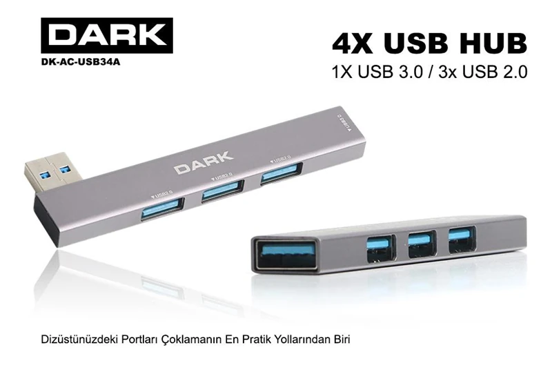 Dark 4 Port USB Çoklayıcı HUB, Type-A to 1X USB3.0 & 3X USB2.0 Type-A