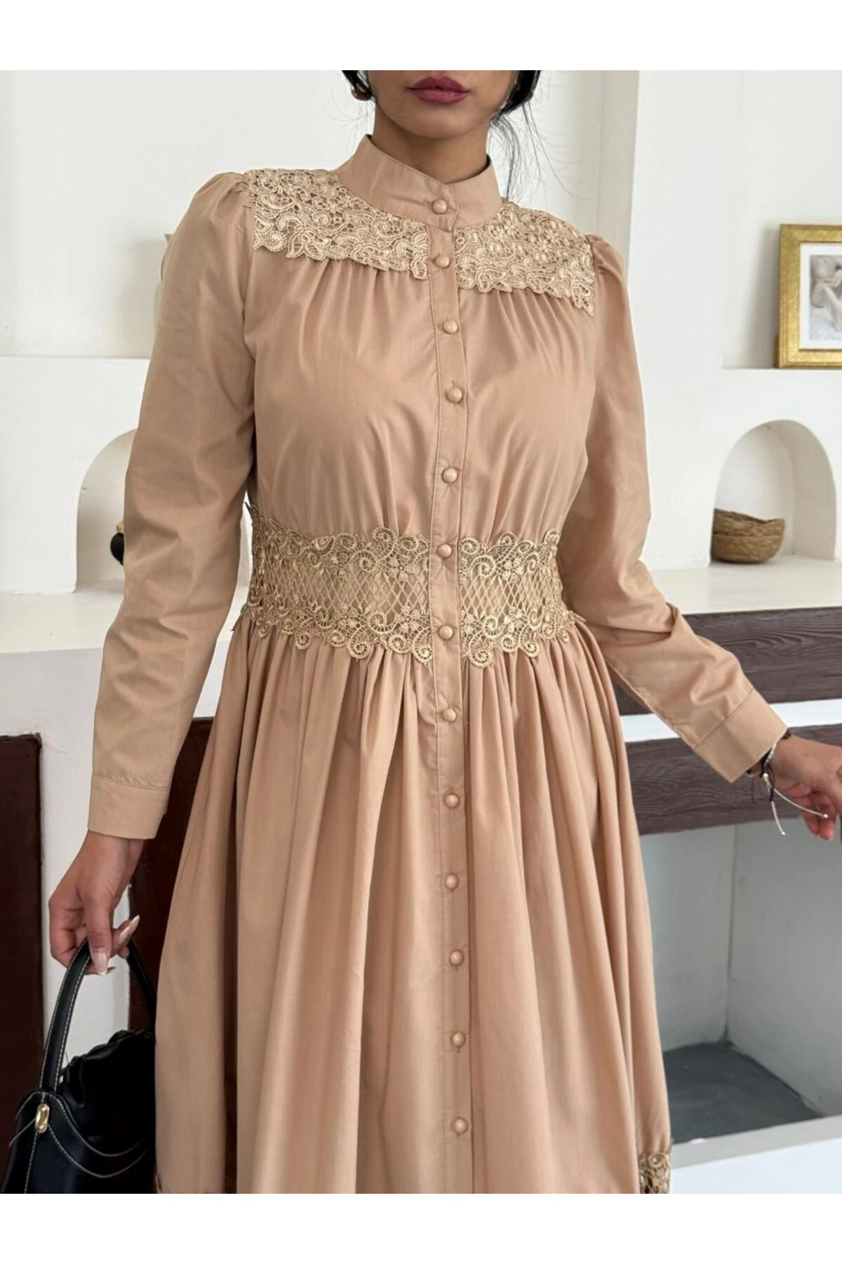 İthal Poplin Kumaş &Dantel Detaylı Elbise (Astarlı)