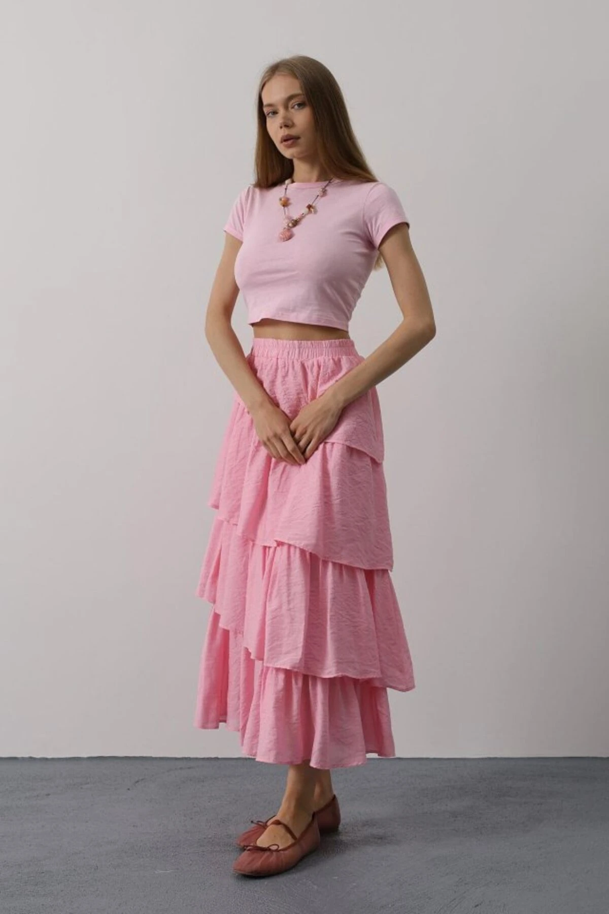 eyesof Katlı Kesim Uzun Etek - Pembe