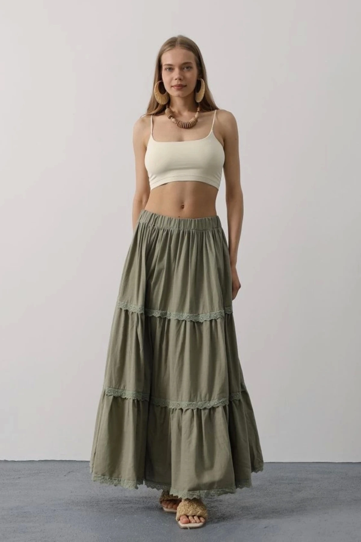 Dantel Detaylı Etek - Haki