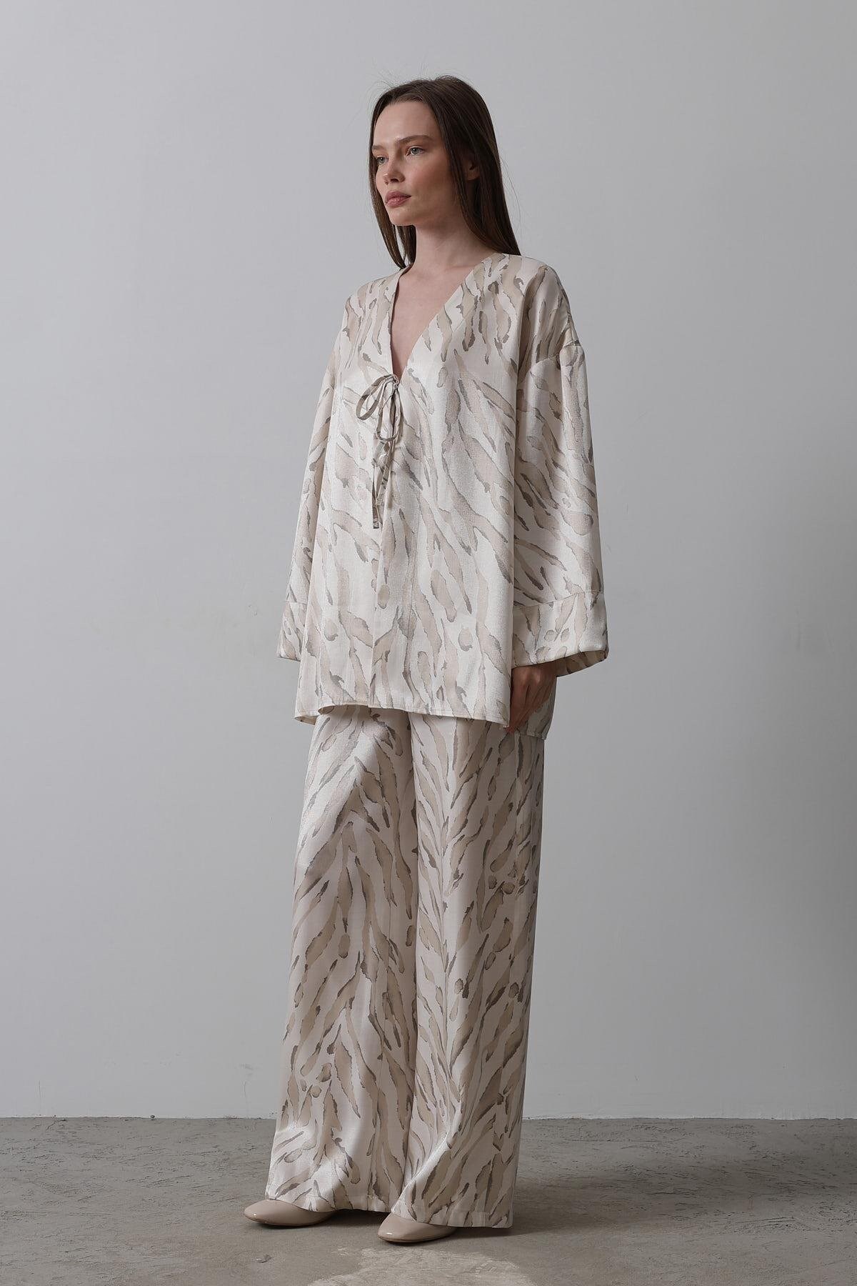 Desenli Saten Kimono Takım