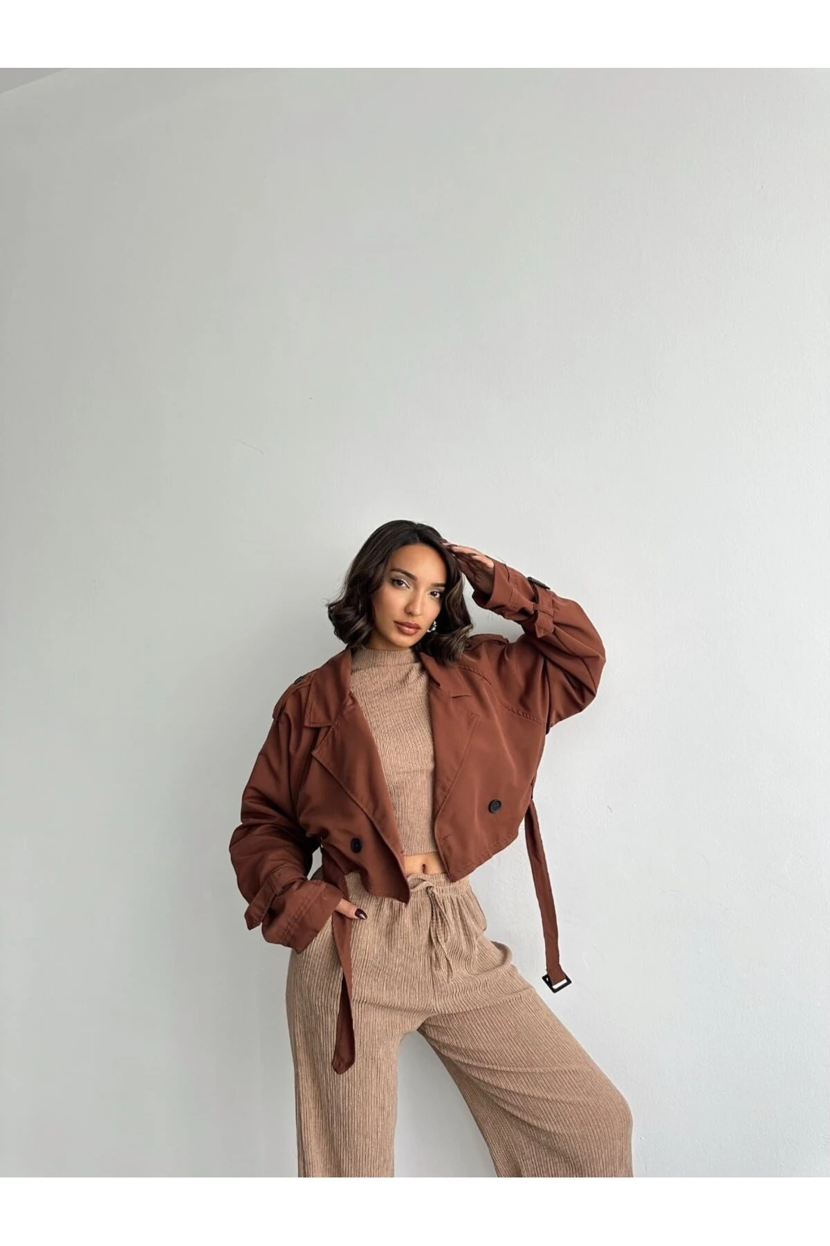 Kadın Oversize Şık Kısa Trençkot