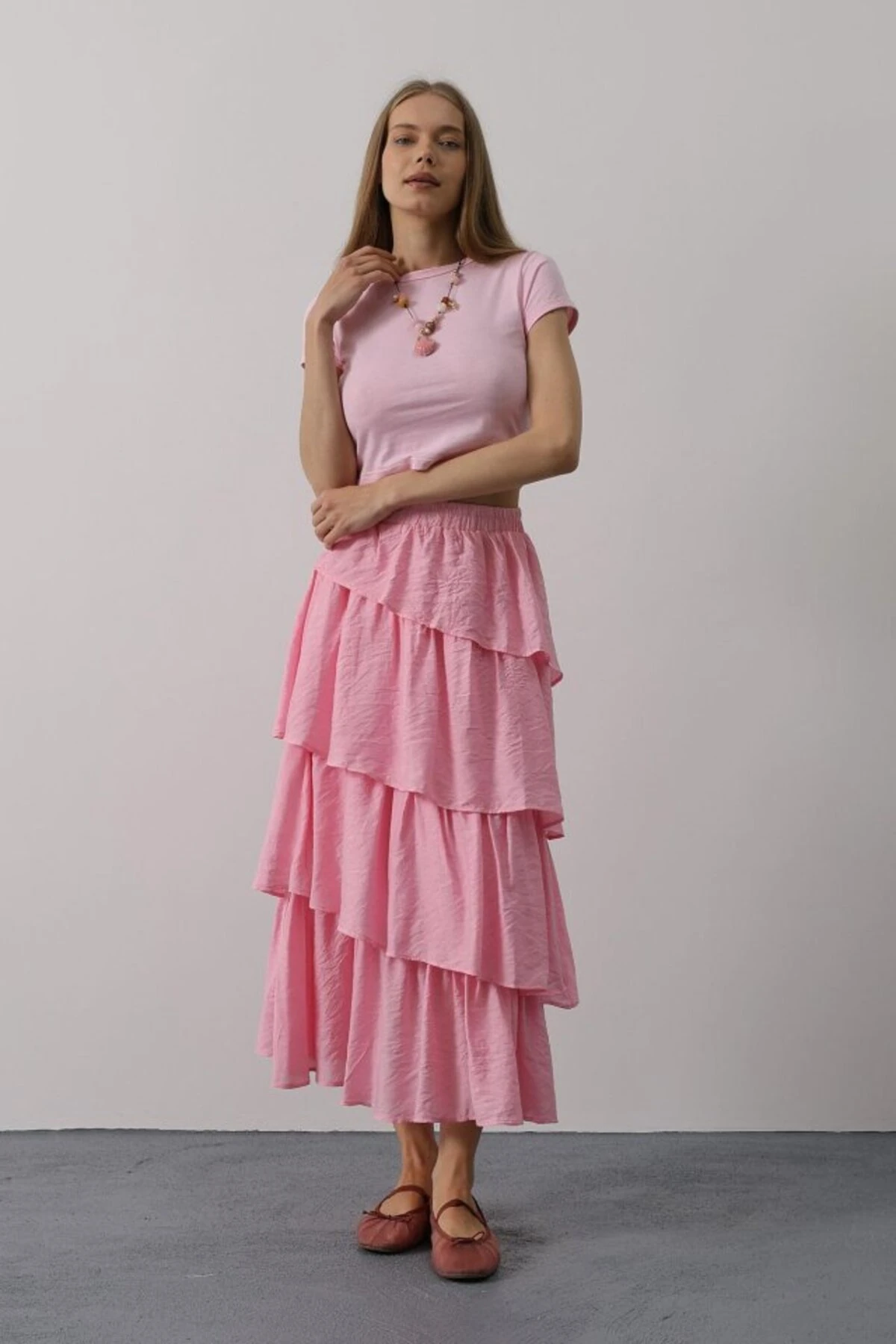 eyesof Katlı Kesim Uzun Etek - Pembe
