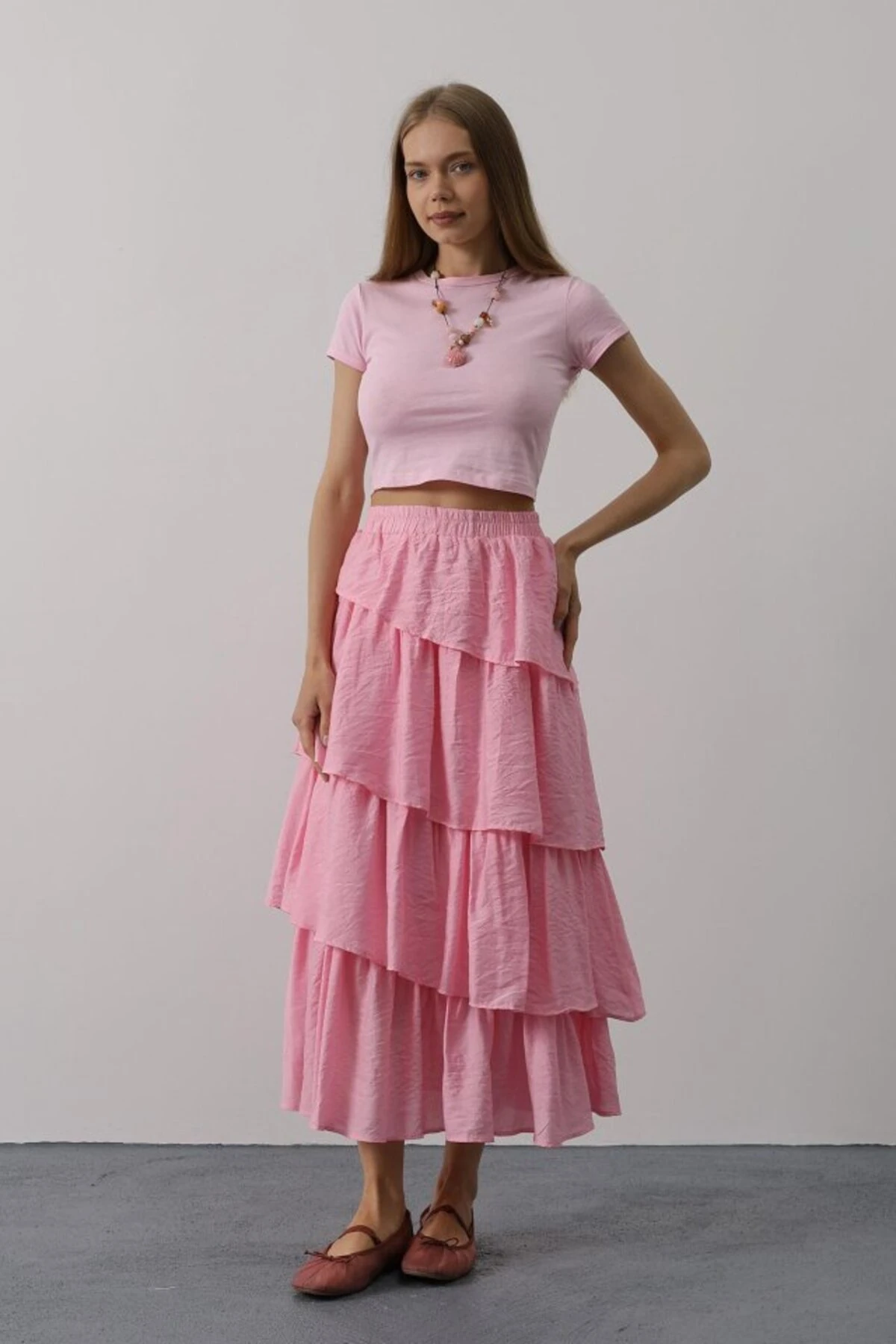 eyesof Katlı Kesim Uzun Etek - Pembe image