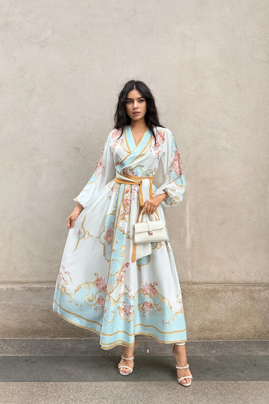 Şifon Kumaş & Atlas Kumaş Çiçek Desenli Astarlı Kuşaklı Elbise image