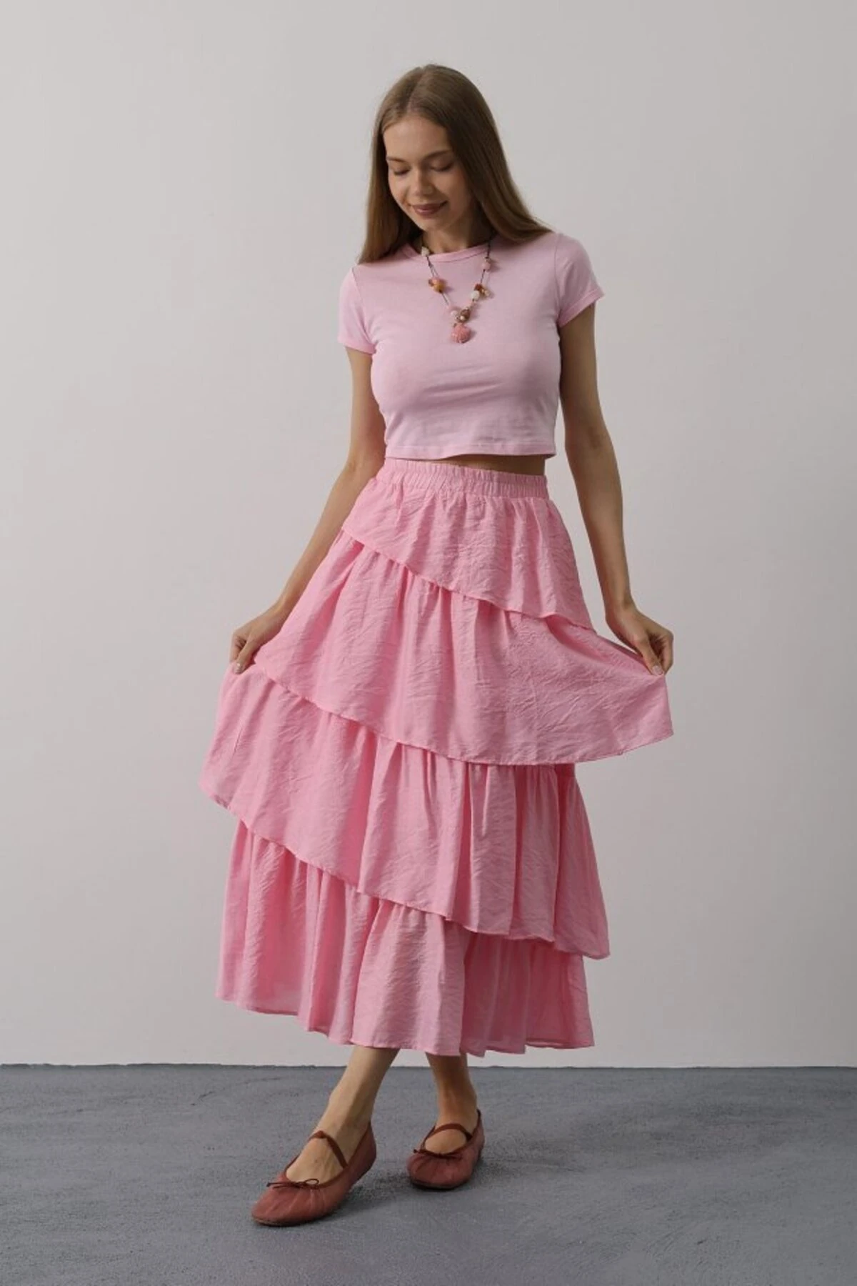 eyesof Katlı Kesim Uzun Etek - Pembe