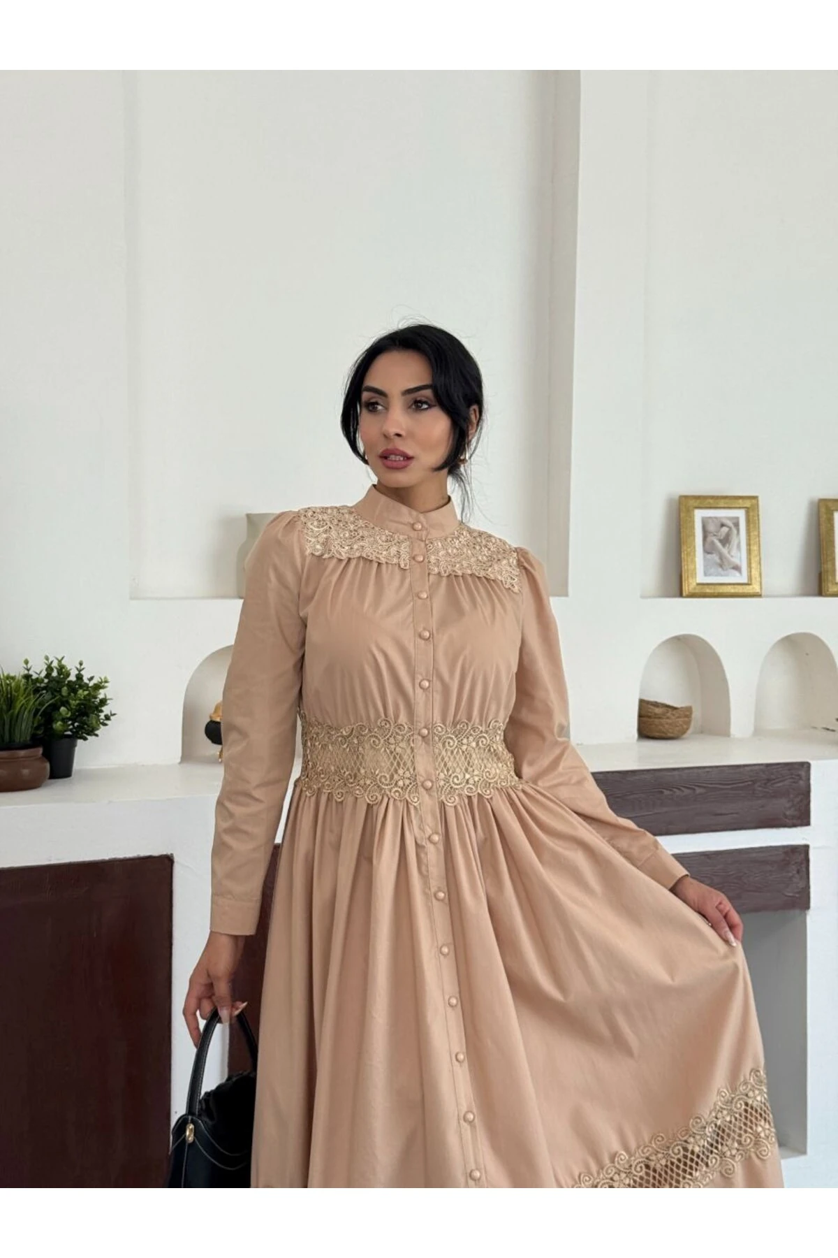 İthal Poplin Kumaş &Dantel Detaylı Elbise (Astarlı)