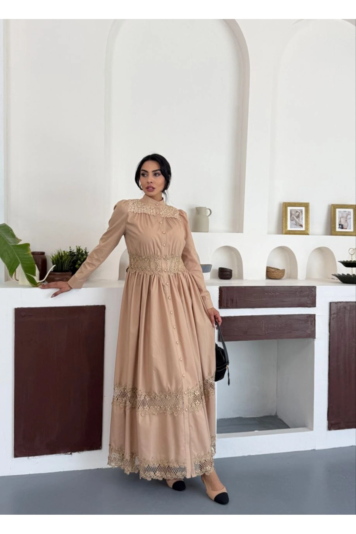 İthal Poplin Kumaş &Dantel Detaylı Elbise (Astarlı) image