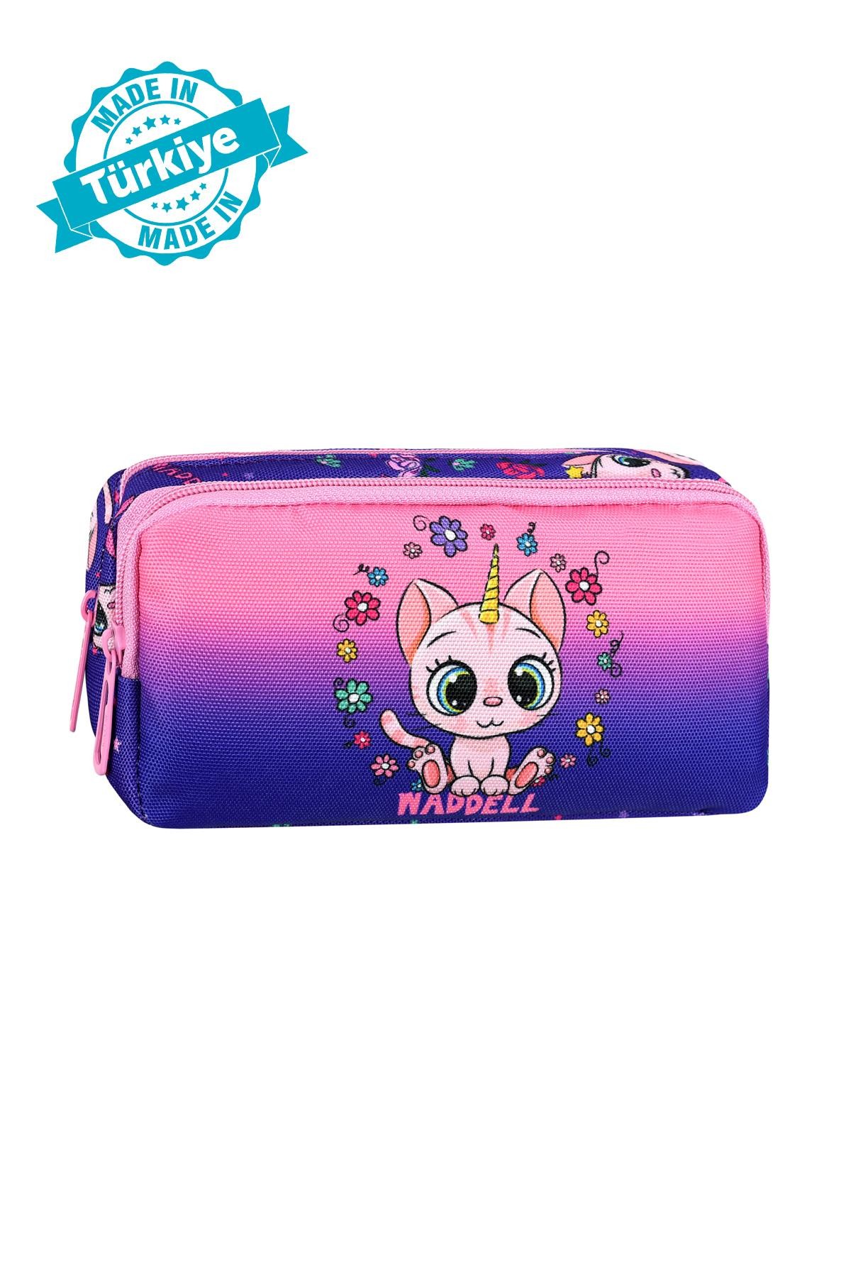 Waddell Lisanslı Mor-Pembe Kedi Desenli 2 Cepli Kalem Çantası