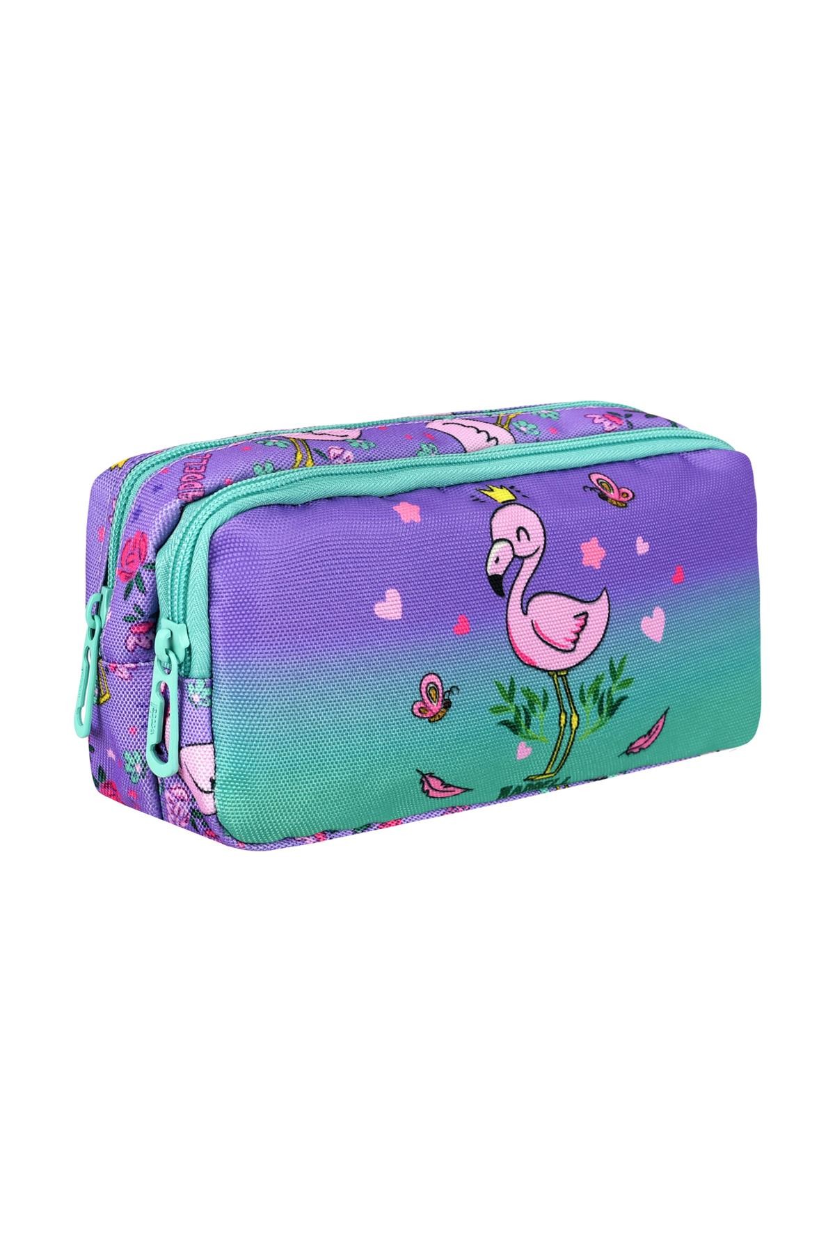 Waddell Lisanslı Su Yeşili-Lila Flamingo Desenli 2 Cepli Kalem Çantası 