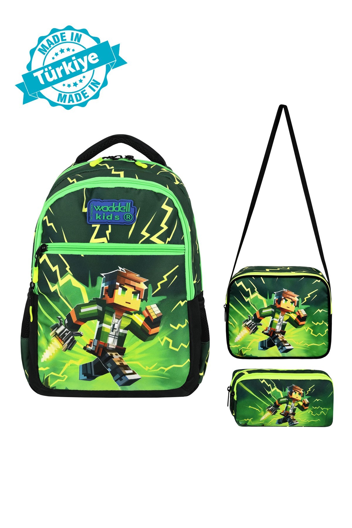 Waddell Mycraft Creeper İlkokul Sırt Çantası,Beslenme Çantası Ve 2 Cepli Kalem Kutusu