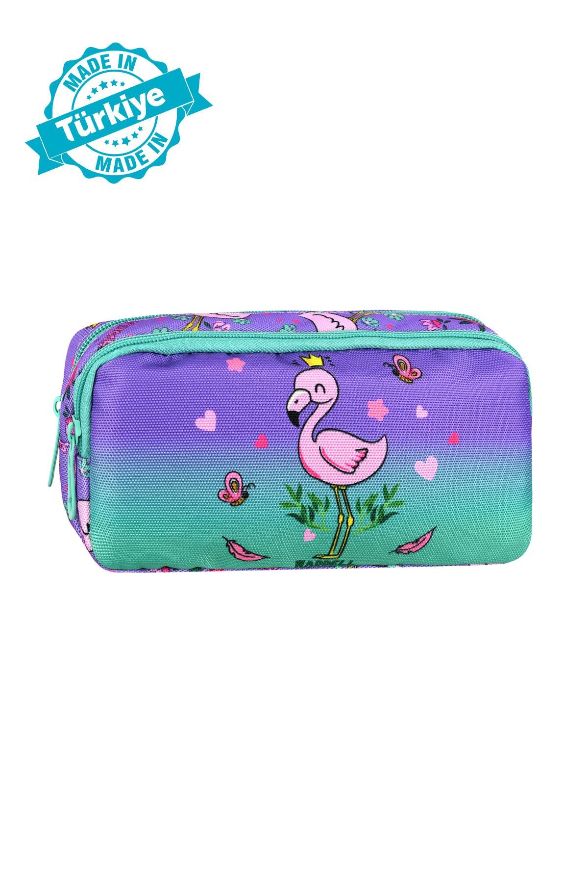Waddell Lisanslı Su Yeşili-Lila Flamingo Desenli 2 Cepli Kalem Çantası 