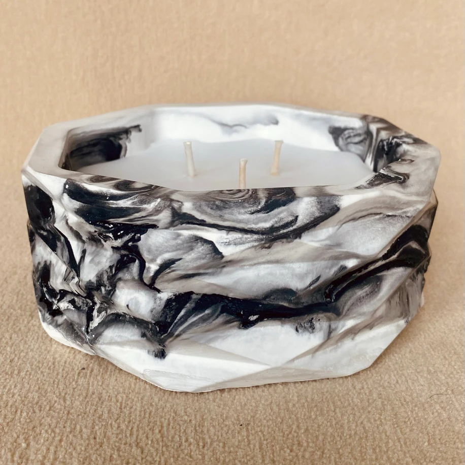 Mermer Efektli Üç Fitilli El Yapımı Soya Mum