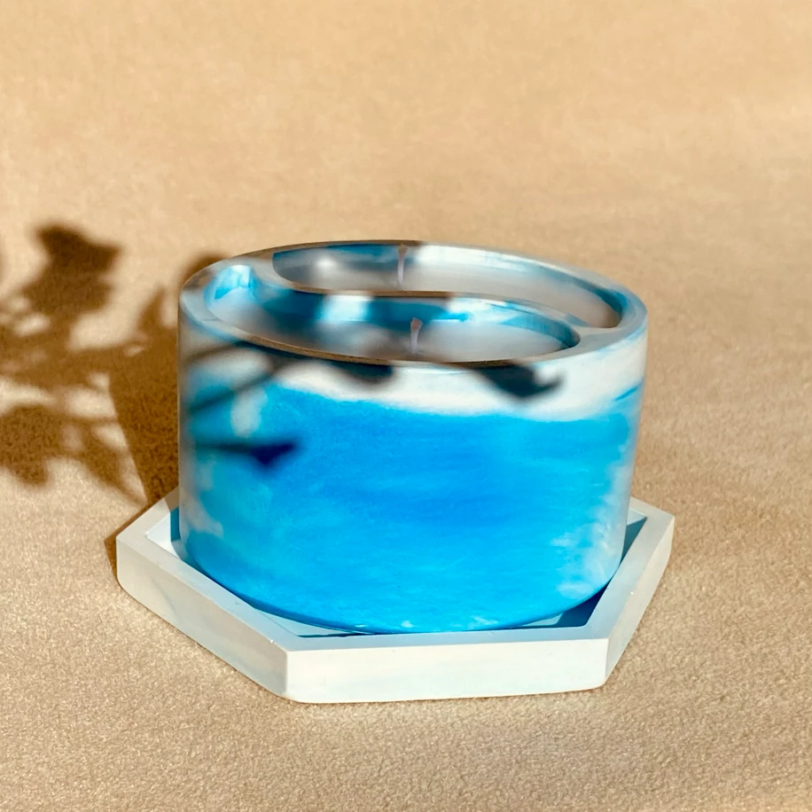 Mavi Dalgalar El Yapımı Mum – İki Fitilli Dekoratif Tasarım